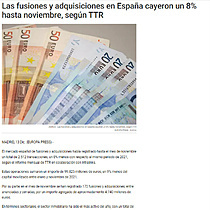 Las fusiones y adquisiciones en Espaa cayeron un 8% hasta noviembre, segn TTR